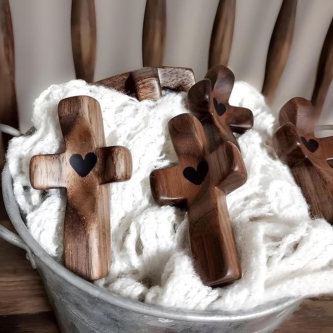 Cross My Heart/Encouragement Gift Wooden Cross Fidget for Clutching, Clinging and Praying Religious Gift(Black 10pcs)