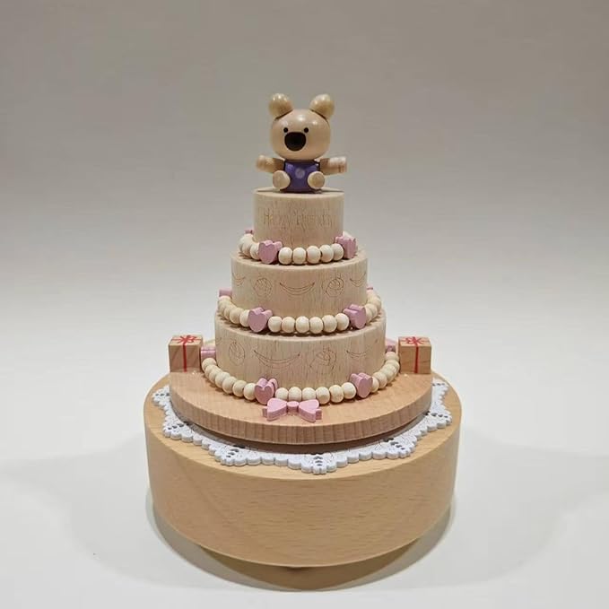 Natural Solid Wood Handcrafted Beech Wooden, Musical FigureTotoro/Carousel/Fairy/Ballerina Figurine,Rotating Hand Crank Mechanism Music Box,Musical Decorations (Cute Little Bear's Birthday Cake)