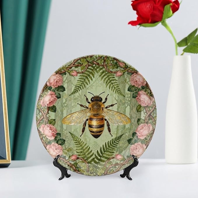 Art Nouveau William Morris Forest Roses And Bees Decorative Plate of 6", 7", 8", 10", Customize Christmas Ceramic Dinner Plates, Custom Gifts, Kitchen Display Household, with Vertical Stand