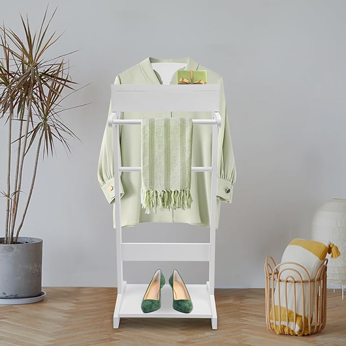 Suit Valet Stand for Men&Women, Wood Suit Rack Stand with Top Tray, Freestanding Clothing Valet Stand-22.05lbs Capacity for Home Entryway Living Room Office (White)