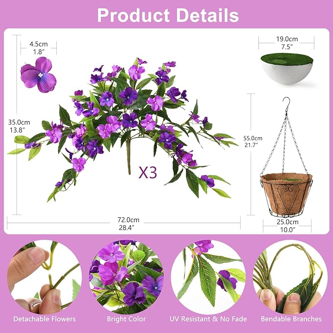Artificial Fake Hanging Flowers Plants Basket for Outdoors Outside Decoration UV Resistant Faux Silk Flowers Look Real Plastic Flowers for Spring Planters Home Porch Patio Garden Decor(purple)