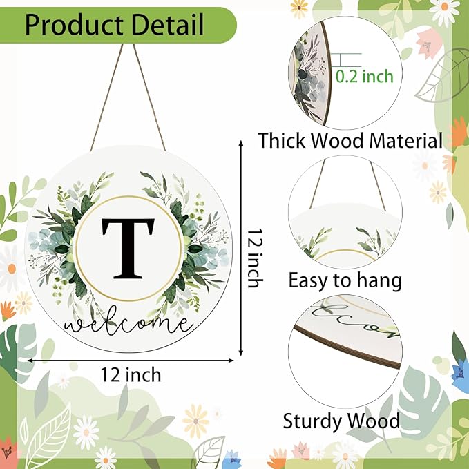 Monogram Letter T Wreaths for Front Door Wreath Wooden Welcome Sign for Front Door Decor Floral Family Last Name Initial House Warming Spring Summer Porch Rustic Wall Home Kitchen Boho Decorations