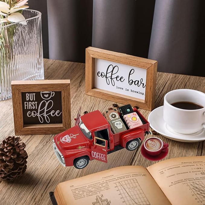 Coffee Bar Decor Vintage Mini Metal Pickup Truck Decor with Book Accessories for Coffee Station,Farmhouse Tiered Tray Table Decorations for Home Kitchen, Office, Cafe