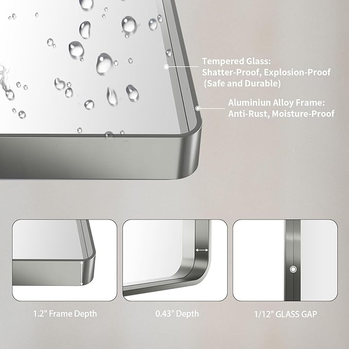 LOAAO 30X30 Inch Brushed Nickel Bathroom Mirror, Rounded Rectangle Silver Metal Frame Mirror, Brushed Nickel, Anti-Rust, Shatter Proof, Hangs Horizontally or Vertically