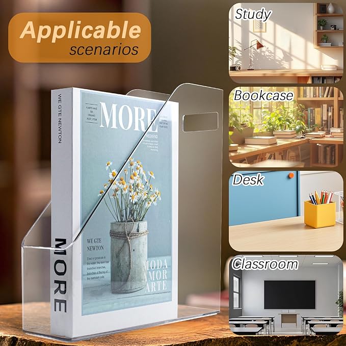 Magazine Holder, 2 Pack Acrylic Magazine File Holder,A4 Vertical File Organizer with Handle for Desk,Clear Document Rack File Folder Storage Bin