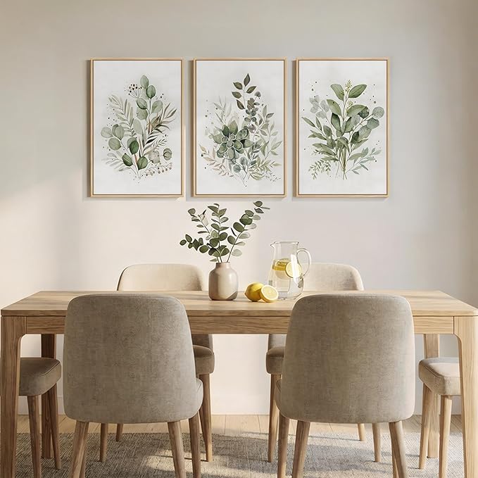 Framed Botanical Wall Art for Living Room, 3 Piece Neutral Sage Green Eucalyptus Leaf Canvas Prints, Modern Minimalist Watercolor Plant Pictures for Dining Room Bedroom Office Wall Decor, 16x24 inch