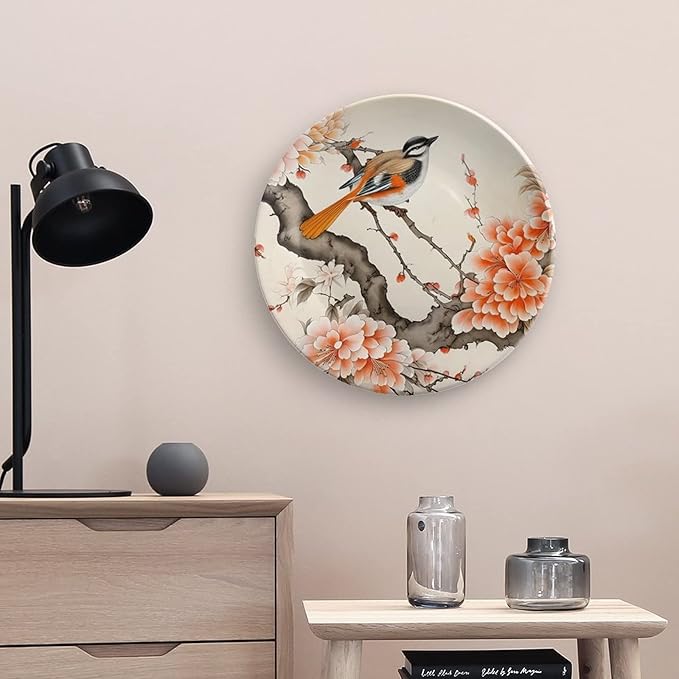 Decorative Plates, Bird & Peony Flower Chinese Meticulous Painting Display Plate for Home Office Kitchen Table Decor Porcelain Plates 10 Inch, Birthday Gifts