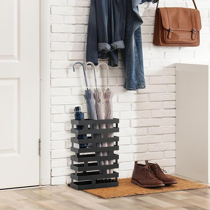 MyGift 17 Inch Freestanding Entryway Umbrella Rack or Cane Holder with Shelf for Small Umbrellas in Decorative Modern Matte Black Metal Geometric Cutout Design