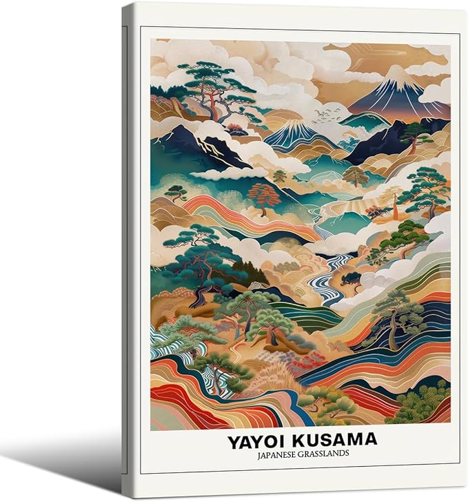 Vintage Yayoi Kusama Grasslands Posters Japanese Wall Art Yayoi Kusama Abstract Landscape Canvas Print for Stylish Room Bedroom Living Room Gallery Decor 24x36in Framed