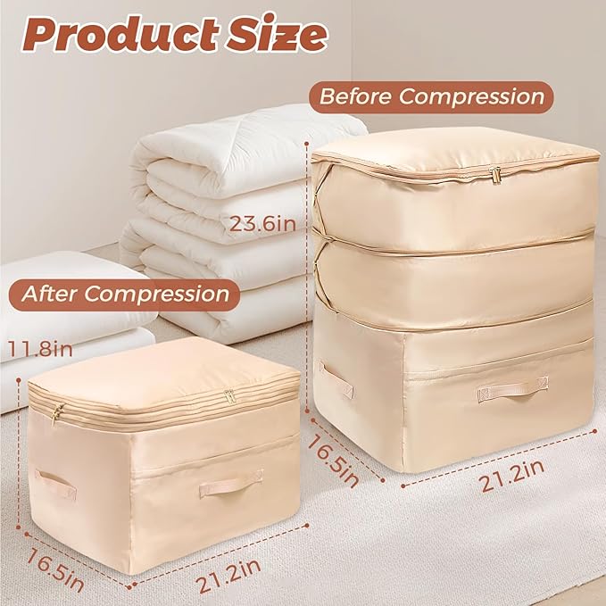 Ultra Space Saving Self Compression Organizers, 2 Pack Double Zipper Compression Packing Cubes for Bedding, Comforter Storage Bag for Blankets Duvet Quilts Pillows Queen King (Beige, X-Large)