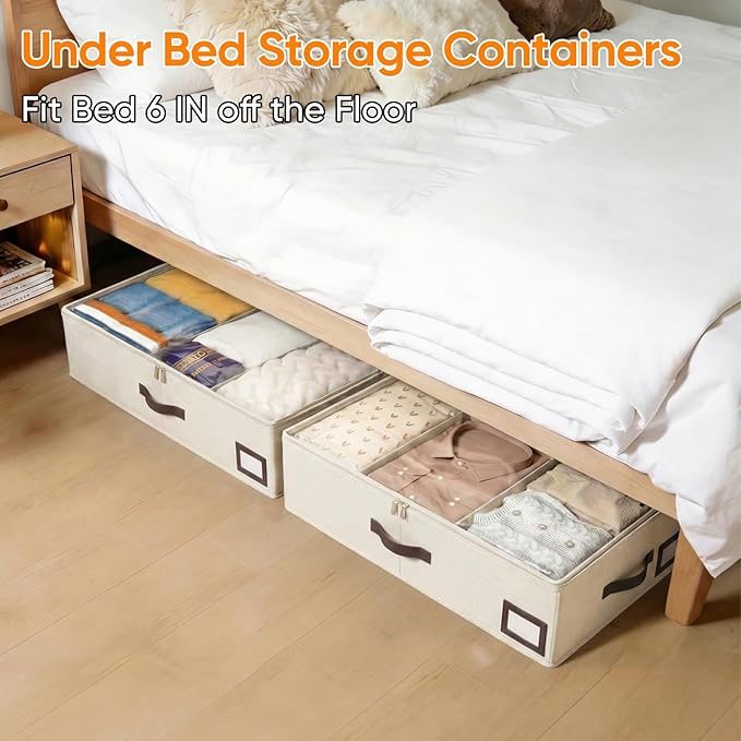 OIAHOMY 2 Pack Under Bed Storage, 6 Inch High Under Bed Storage Containers with Adjustable Dividers, Dual Zippers, &Clear Lid, 53L Under Bed Drawers For Clothes, Blankets, Clothing, & Shoes, Beige