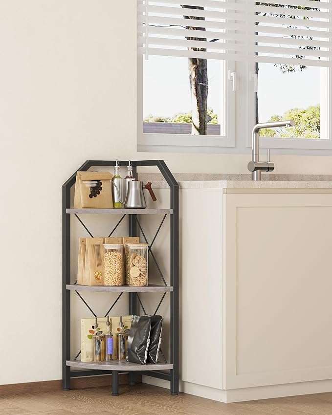 CHOEZON 3-Tier Corner Shelf, Industrial Corner Bookshelf, 35.4" Storage Stand, Plant Stand Display Shelf, Bookcase for Bedroom, Living Room, Home Office, Greige and Black TCJ03BG