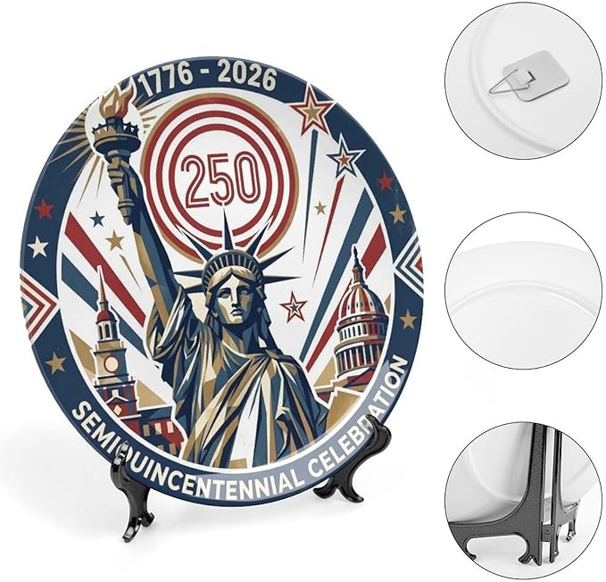 250th Anniversary Decorative Plates 10 Inch Liberty Patriotic Decorations Commemorative Plates with Stand Independence Day 4th of July Semiquincentennial Decor