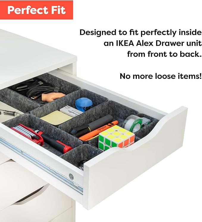 Rajas Goods Drawer Organizer Compatible with Ikea Alex Drawer Unit, 10-Piece Modular Felt Tray Organizer Set, Perfect Fit (Dark)