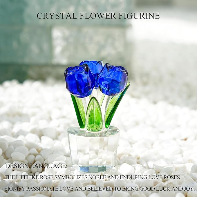 Blue Crystal Rose Flower Figurine for Wife Girlfriend Rose Collectible Figurines for Valentine's Day(3.2 * 2inch)