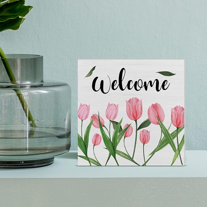 Flower Tulips Spring Wooden Box Sign Farmhouse Spring Welcome Wood Box Sign Art Blocks Desk Sign Rustic for Shelf Tabletop Home Decor 5 X 5 Inch