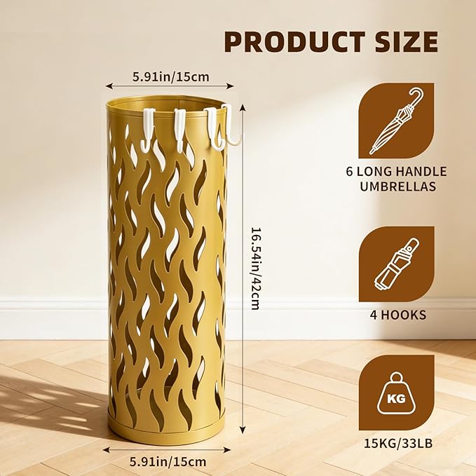 Umbrella Holder, Metal Umbrella Stand for Entryway, Umbrella Storage Rack with 4 Hooks Decor, Home, Office,5.8 × 5.8 × 16.4 (Gold)
