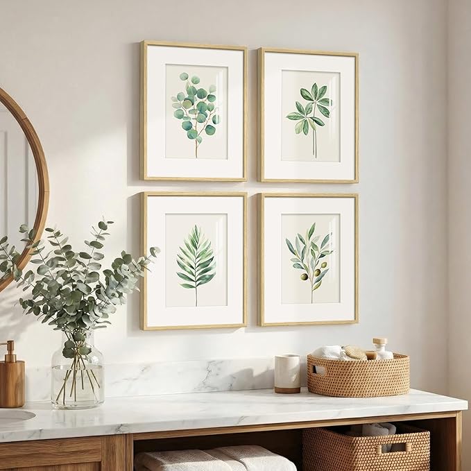 Framed Sage Green Botanical Wall for Kitchen, 4 Piece Minimalist Modern Farmhouse Plant Artwork for Walls, Boho Green Leaf Picture Prints for Kitchen Bathroom Bedroom Living Room Decor, 8x10 Inch