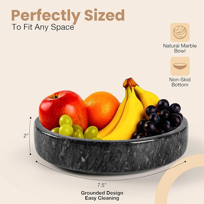 FNTSTICGOODS Marble Decorative Bowl - 7.5" Natural Black Solid Marble Centerpiece - Handmade Stone Fruit Bowl - Catch-All or Key Bowl for Kitchen - Modern Minimalist Decor