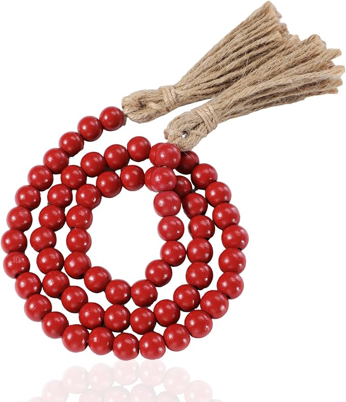 Equsion Seasonal Wooden Bead Garland with Tassels, 3.3 ft Holiday Vintage Boho Bead Garland Easter Tray Decoration, Vase Wall Room Art Birthday Party Decoration(Deep Red)