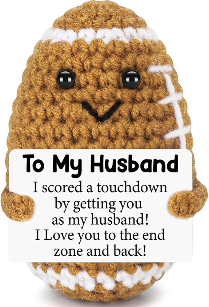 Belatelove Fathers Day Birthday Gifts for Husband from Wife, Handmade Crochet Football with Inspirational Card, I Love You Wedding for Husband Desk Decor