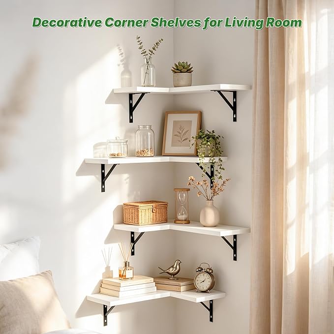 NATURE'S SOURCE Corner Floating Shelves Set of 4, Corner Shelves Wall Mounted, for Bedroom Kitchen Living Room Bathroom Office- Modern Style (White, Set of 4)