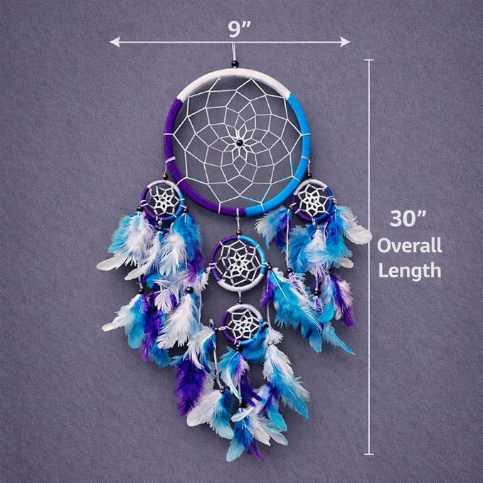 OMA Large Dream Catcher Wall Decor – Tie Dye Dream Catcher with Turquoise, Purple & White Feathers for Bedroom, Living Room, Dorms & Gift, Size - 9” x 30”