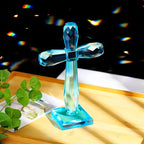 YWHL Handmade Crystal Holy Cross Decor, Religious Gifts for Women Men, Easter Pary Decor, Glass Art Collectible Figurines for Home Table (Lake Blue)
