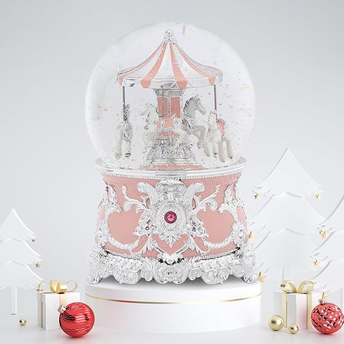 Carousel Music Box Silver Pink Christmas Snow Globes, 7.1" Glass Rotate Carousel Snow Globe for Kids & Adults, Classic Wind up Musical Snow Globe Valentines Day Gifts, Carousel Horse Home Decor