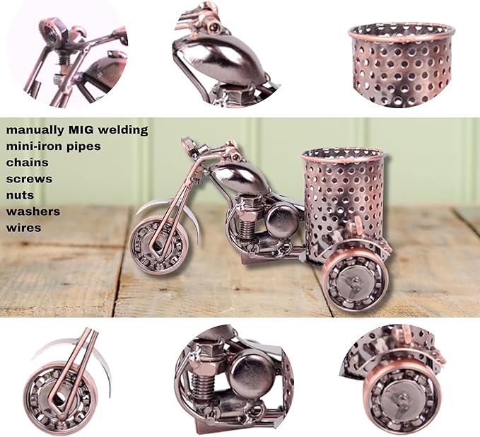 Trebisky Metal Sculpture - Retro Classic Handmade Iron Motorcycle Unique Metal Art Decor - Home décor (5.5" L,3" H, Copper Pen Cup)