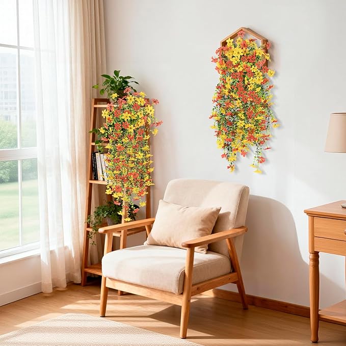 Artificial Fake Hanging Flowers Plants for Outdoor Spring Decoration,2 PCS Faux Silk Daisy with Eucalyptus Leaves,UV Resistant Look Real for Outside Home Indoor Planter Porch Patio Balcony Yard Decor