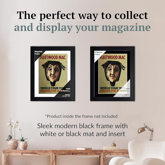 Creative Picture Frames 10.75 x 13.5 Magazine Frame with Full-Strength Glass, Holds Up To A 1/4" Thick Media with Installed Hangers for Easy Mounting, 12x15 Black Frame with White Mat