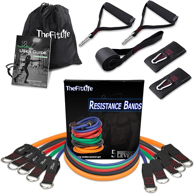 TheFitLife Exercise Resistance Bands with Handles - 5 Fitness Workout Bands Stackable up to 110/150/200/250/300 lbs, Training Tubes with Large Handles, Ankle Straps, Door Anchor, Carry Bag