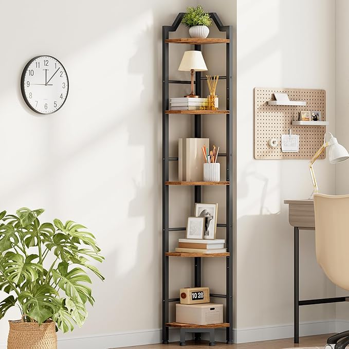HOOBRO Narrow Corner Shelf Stand, 5-Tier Corner Shelf, 63” Tall Multipurpose Corner Bookshelf, Standing Display Shelf Plant Stand, for Living Room, Study, Kitchen, Rustic Brown and Black BF100CJ01