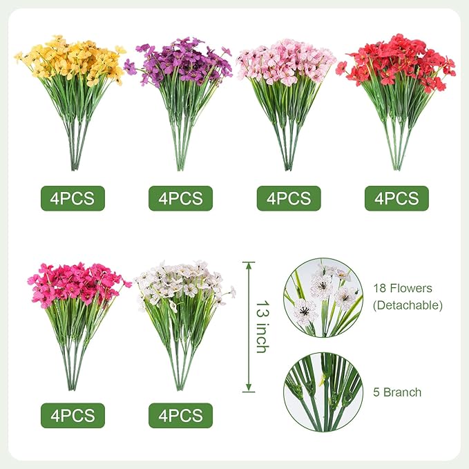 24 Bundles Artificial Flowers for Outdoor Faux Plants for Spring Summer Decoration, UV Resistant Realistic Silk Plastic Fake Flowers Garden Porch Patio Balcony Yard Front Home Decor