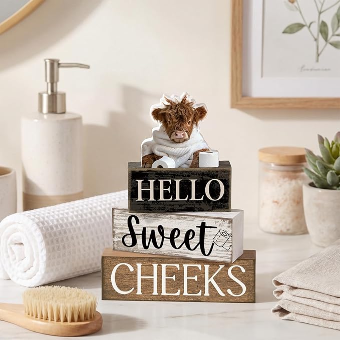 Moucuny 4 Pcs Bathroom Shelf Decor Highland Cow Farmhouse Bathroom Decor and Accessories Rustic Eucalyptus Leaves Hello Sweet Cheeks Highland Cow Sign Western Table Centerpiece for Home Office Toilet