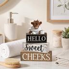 Moucuny 4 Pcs Bathroom Shelf Decor Highland Cow Farmhouse Bathroom Decor and Accessories Rustic Eucalyptus Leaves Hello Sweet Cheeks Highland Cow Sign Western Table Centerpiece for Home Office Toilet