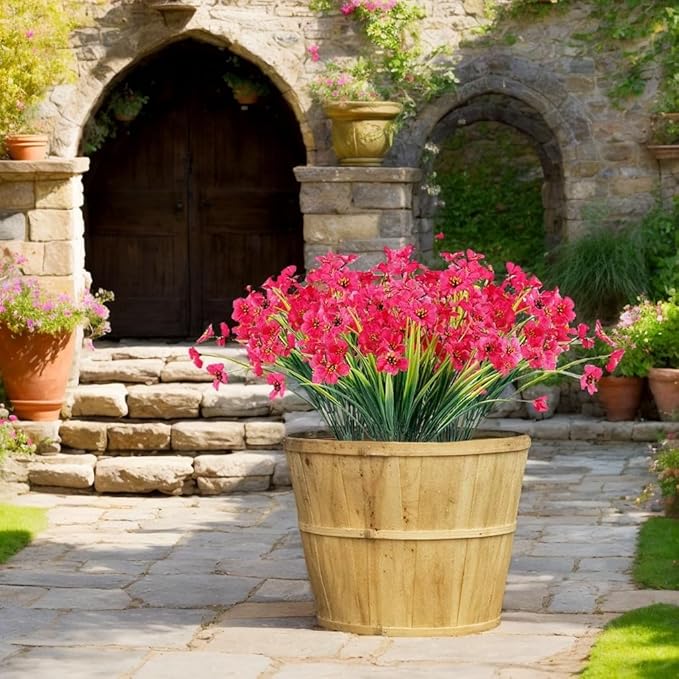 12Pcs UV Resistant Artificial Flowers Artificial Violet Outdoor Decor Realistic Faux Plants Silk Flowers No Fade for Patio Hanging Baskets Garden Pots Farmhouse Yard (Rose Red)