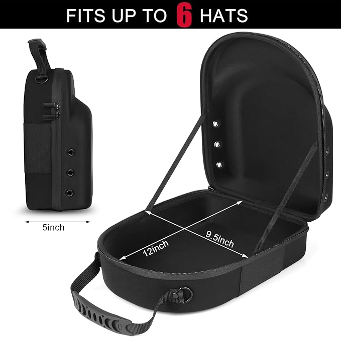 Hard Baseball Hat Case with 6pcs Hat Hooks, Hat Carrier Travel Case with Adjustable Shoulder Strap, Hat Cap Case for 6 Baseball Caps - Perfect for Traveling (Black)