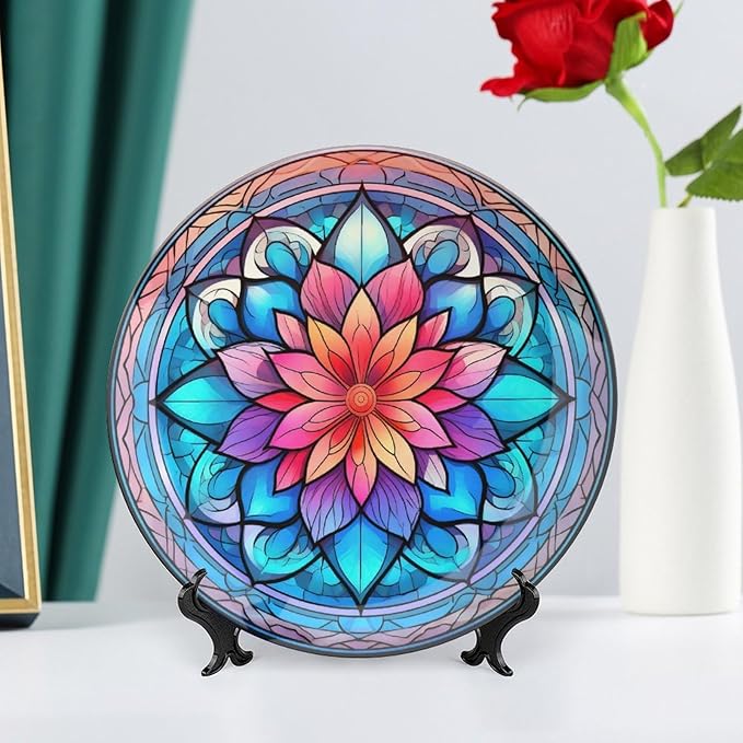 Decorative Plates for Wall Hanging, Mandala Flower Glass Painting Ceramic Plate w/Display Stand, Home Decor for Kitchen Cabinets, Farmhouse Round Tray 10 Inch, Gift for Family Friends