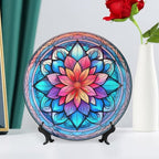 Decorative Plates for Wall Hanging, Mandala Flower Glass Painting Ceramic Plate w/Display Stand, Home Decor for Kitchen Cabinets, Farmhouse Round Tray 10 Inch, Gift for Family Friends