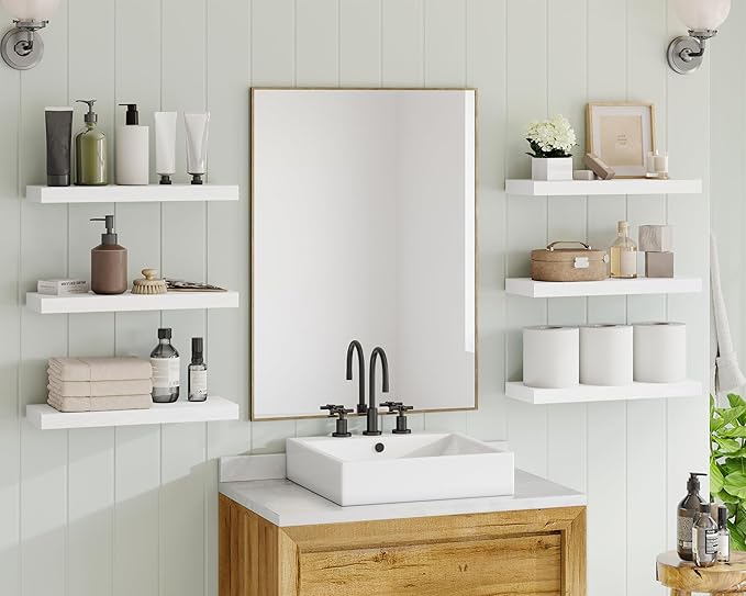 Fixwal White Shelves, 15.7in Floating Shelves, Farmhouse Shelf Wall Decor for Bathroom, Bedroom, Living and Kitchen Set of 6