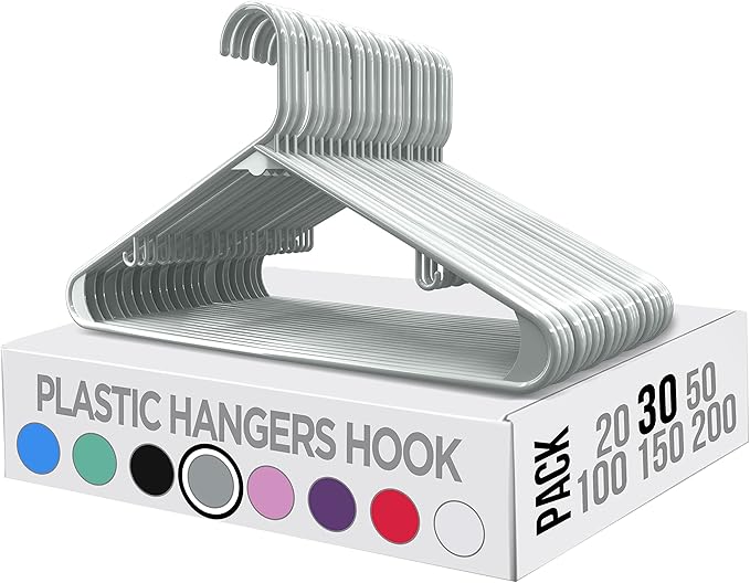 Utopia Home Plastic Hangers 30 Pack - Clothes Hanger with Hooks - Durable & Space Saving (Grey)