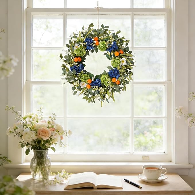 Idyllic 26 Inch Spring Summer Wreath for Front Door - Blue Green Hydrangea Wreath with Orange Berries and White Flowers, Foldable Base for Indoor Outdoor Decor