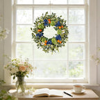 Idyllic 26 Inch Spring Summer Wreath for Front Door - Blue Green Hydrangea Wreath with Orange Berries and White Flowers, Foldable Base for Indoor Outdoor Decor