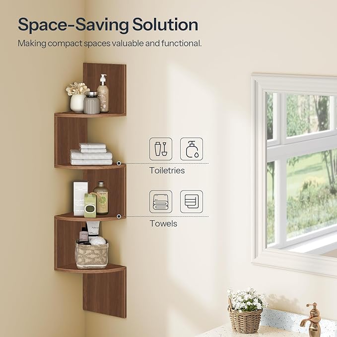 HOOBRO Corner Shelf Wall-Mounted, Set of 2 Floating Corner Shelves for Wall, 4-Tier Corner Bookshelves for Living Room, Bedroom, Bathroom, Home Office, Walnut WL25BJP201