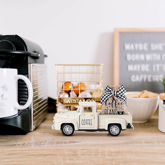 Huray Rayho Coffee Decor for Coffee Bar Metal Truck with Coffee Beans Burlap Sack Vintage Pickup Farmhouse Coffee Station Tabletop Tiered Tray Decor Mini Diecast Truck Decorations