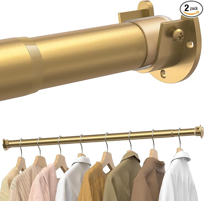 2 Pack Closet Rods for Hanging Clothes, 17 to 28 Inches Stepless Adjustable Metal Closet Rod, 1.3 Inches Heavy Duty Clothes Hanging Rod for Closet Wardrobes Laundry RV, Golden