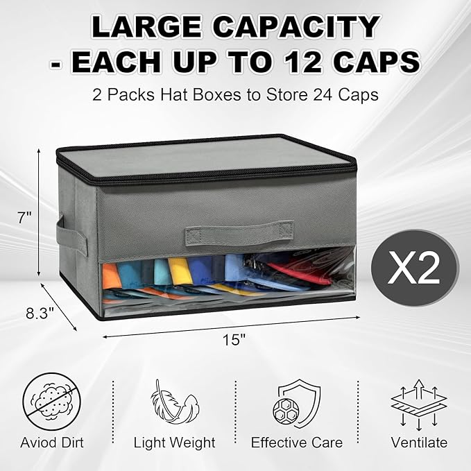 2 PCS Stackable Hat Storage for Baseball Caps, Space Saving Hat Organizer Box for Closet, with Cardboard, Clear Window Lid and 3 Handle, Each Holds 12 Hats, Grey