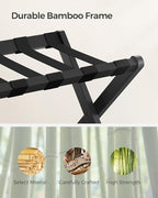 SONGMICS Bamboo Luggage Rack for Guest Room, Set of 2, Folding Suitcase Stand with Fabric Storage Shelf, for Hotel, Bedroom, Heavy-Duty, Holds up to 131 lb, Ink Black URLR007B02